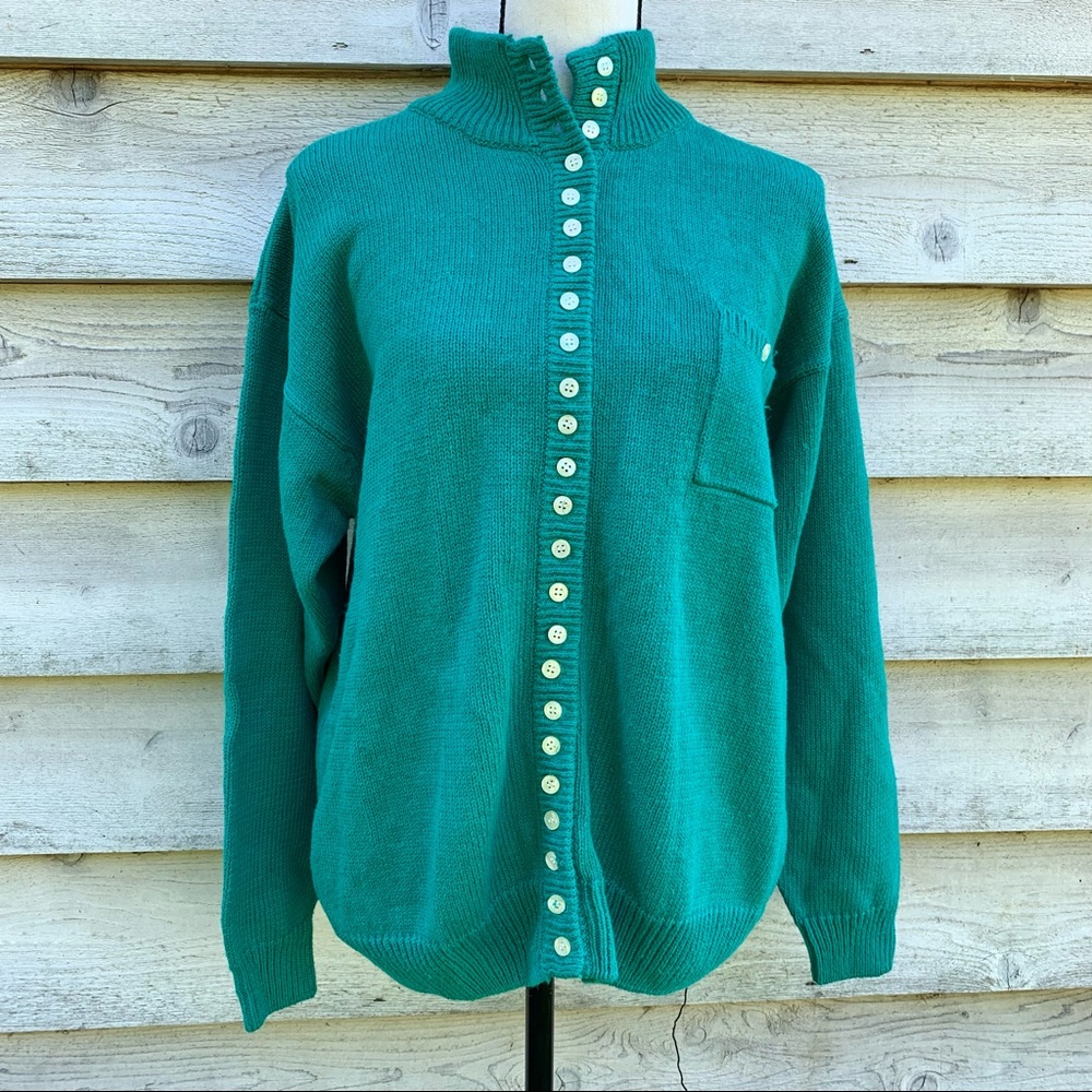Vintage 90s Solid Print Micro Button Down Long Sleeve Mock Neck Cardigan Sweater